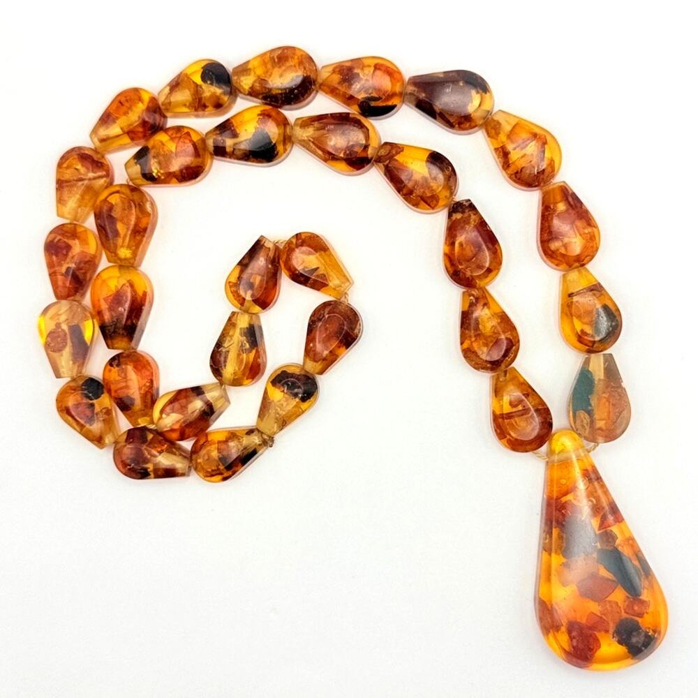 Vtg Pressed Amber Teardrop Pendant Beaded Statement Necklace Chunky Bold 28.25"